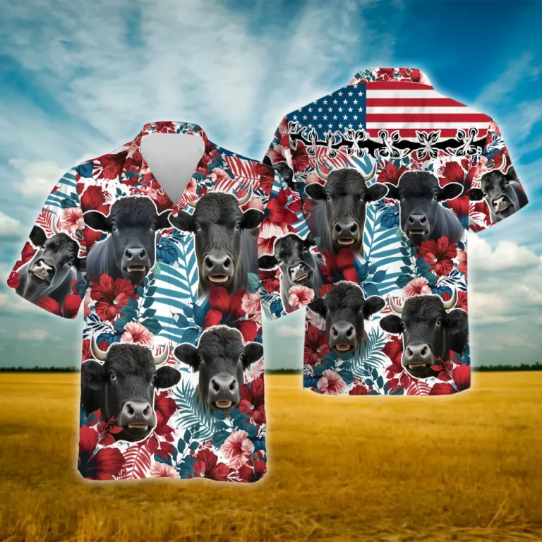 Black Angus Cow Hawaiian Shirts, Tropical Hibiscus Summer Shirts, Cow Lover Beach Shirt, Patriotic Casual Button Down Short Sleeve Shirt, Cruise Shirt