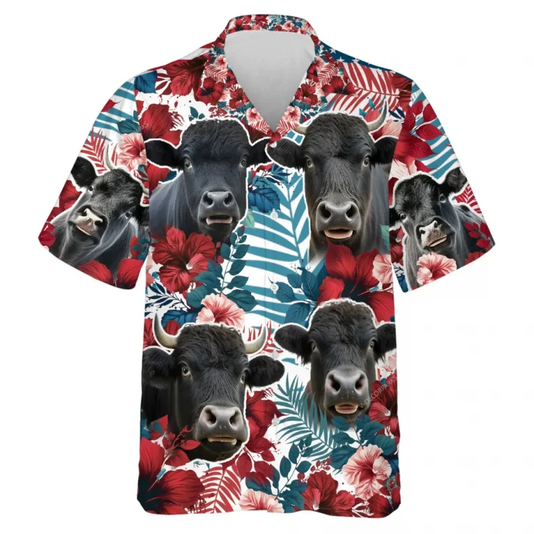 Black Angus Cow Hawaiian Shirts, Tropical Hibiscus Summer Shirts, Cow Lover Beach Shirt, Patriotic Casual Button Down Short Sleeve Shirt, Cruise Shirt