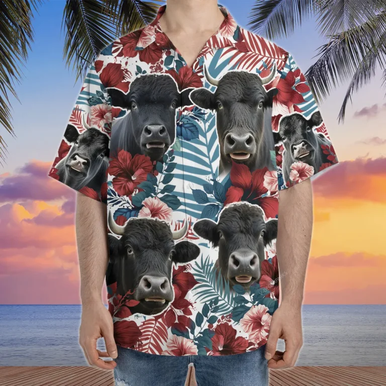Black Angus Cow Hawaiian Shirts, Tropical Hibiscus Summer Shirts, Cow Lover Beach Shirt, Patriotic Casual Button Down Short Sleeve Shirt, Cruise Shirt
