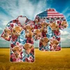 Floral Highland Cattle Hawaiian Shirts For Men, Patriotic Cow Button Down Short Sleeve Shirt, Hibiscus Pattern Summer Shirts, Tropical Printed Shirts