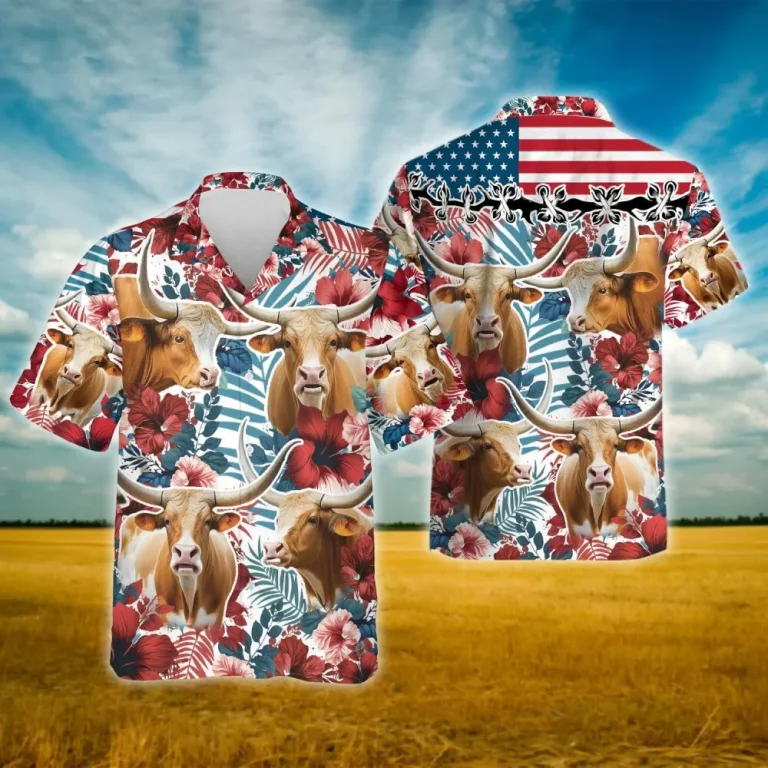 Longhorn Cattle Hawaiian Shirt For Men, Red Hibiscus Summer Shirts, Floral Cow Beach Shirt, Patriotic Mens Casual Button Down Shirt, Cruise Shirts