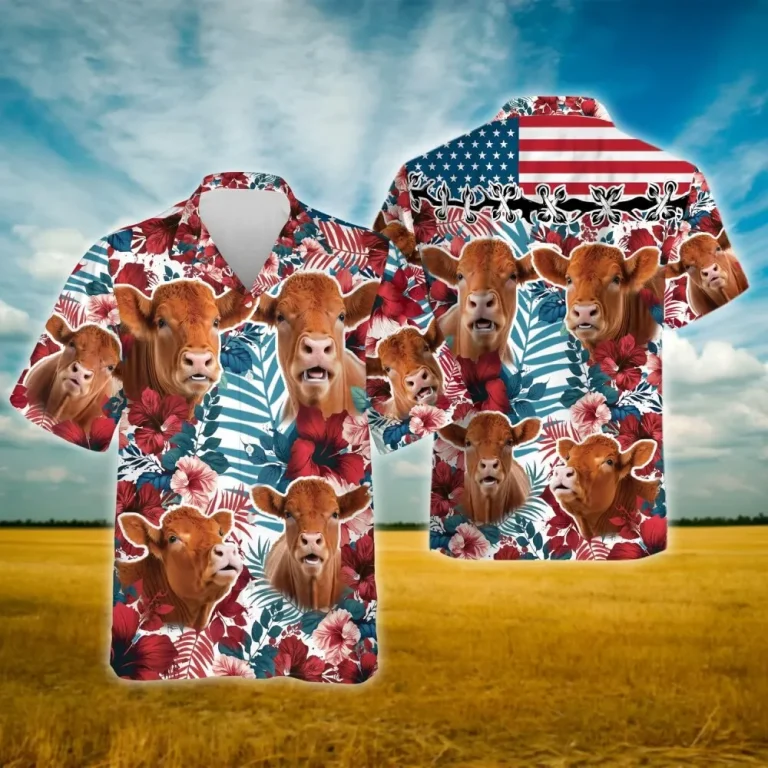 Patriotic Red Angus Hawaiian Shirts For Men, Hibiscus Funny Cow Hawaiian Shirt, Tropical Floral Casual Button Down Mens Hawaiian Shirts Short Sleeve