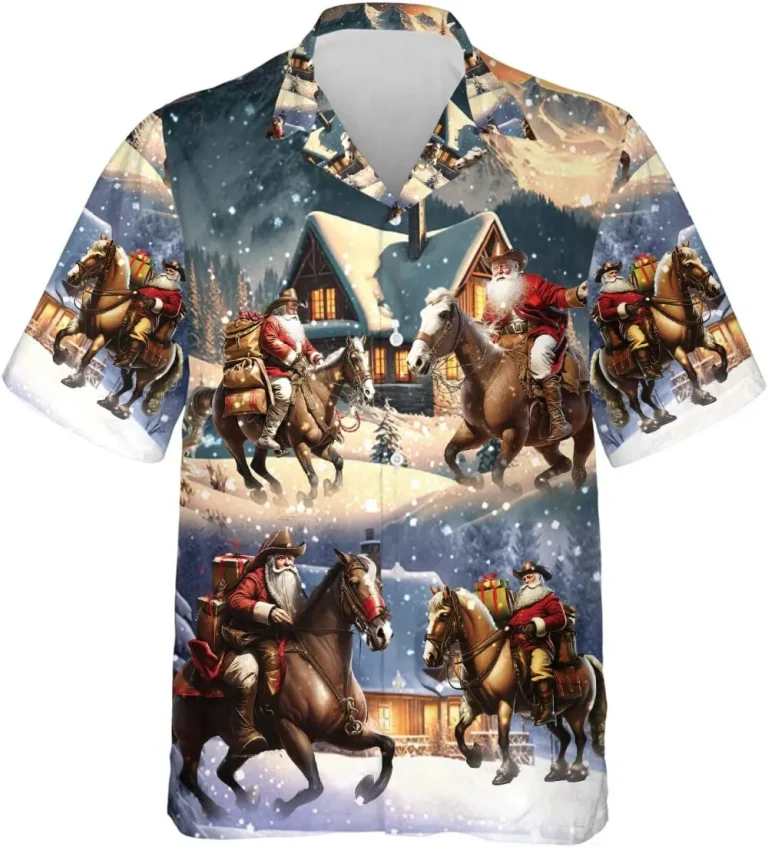 Santa Cowboy Hawaiian Shirts For Men, Aloha Shirts, Men's Christmas Hawaiian Shirt Funky Horse Snow Button Down Mens Hawaiian Shirts Short Sleeve