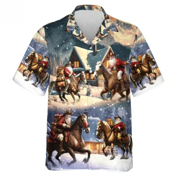 Santa Cowboy Hawaiian Shirts, Horse Racing Summer Beach Shirts, Christmas Aloha Shirts, Summer Button Down Short Sleeve Hawaiian Shirt, Cruise Shirt