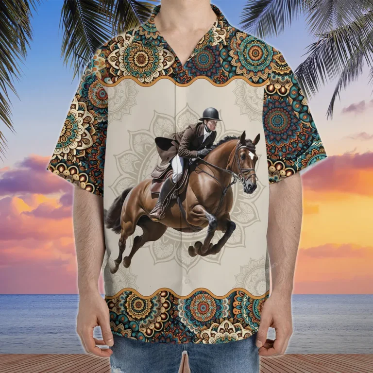 Jockey Mandala Hawaiian Shirts, Horse Racing Summer Beach Shirts, Christmas Aloha Shirts, Summer Button Down Short Sleeve Hawaiian Shirt, Cruise Shirt