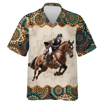 Jockey Mandala Hawaiian Shirts, Horse Racing Summer Beach Shirts, Christmas Aloha Shirts, Summer Button Down Short Sleeve Hawaiian Shirt, Cruise Shirt