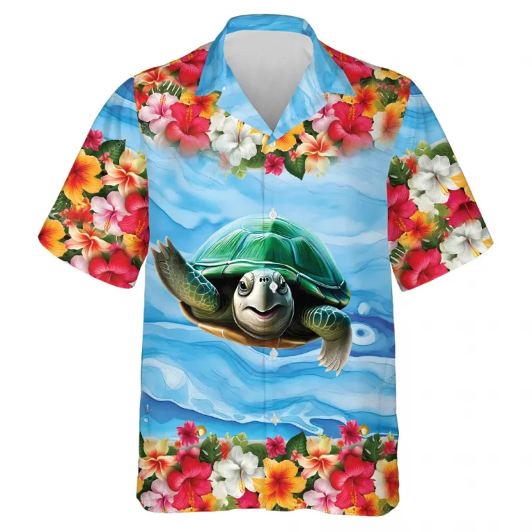 Sea Turtle Hawaiian Shirts For Men Women, Tropical Hibiscus Summer Shirts, Ocean Turtle Aloha Shirts, Turtle Lovers Button Down Short Sleeve Shirts