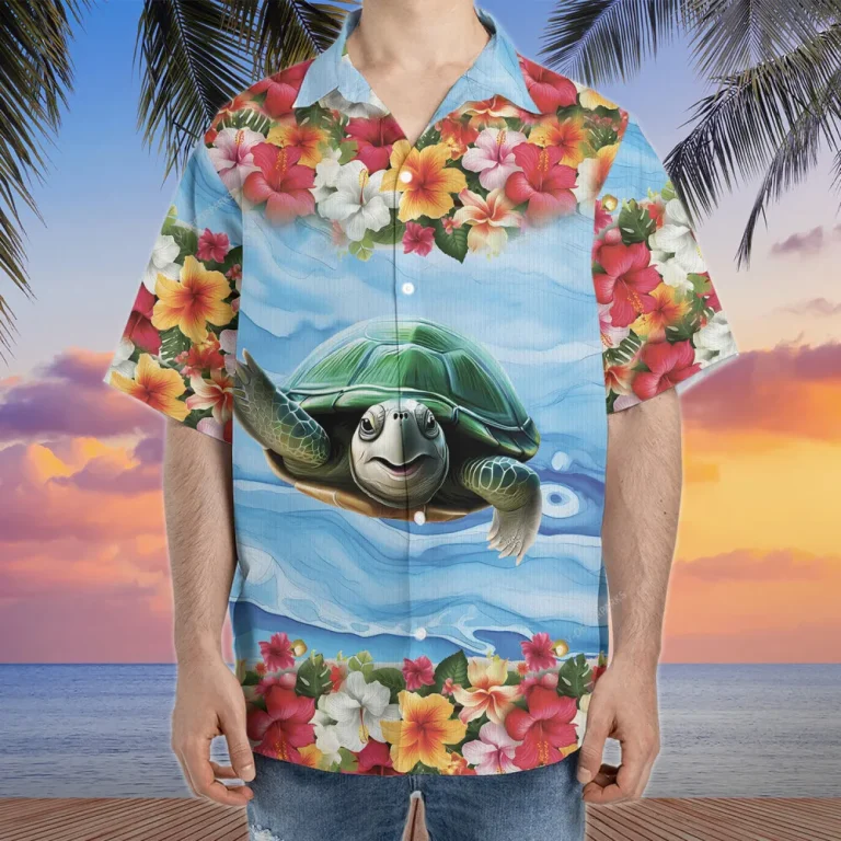 Sea Turtle Hawaiian Shirts For Men Women, Tropical Hibiscus Summer Shirts, Ocean Turtle Aloha Shirts, Turtle Lovers Button Down Short Sleeve Shirts