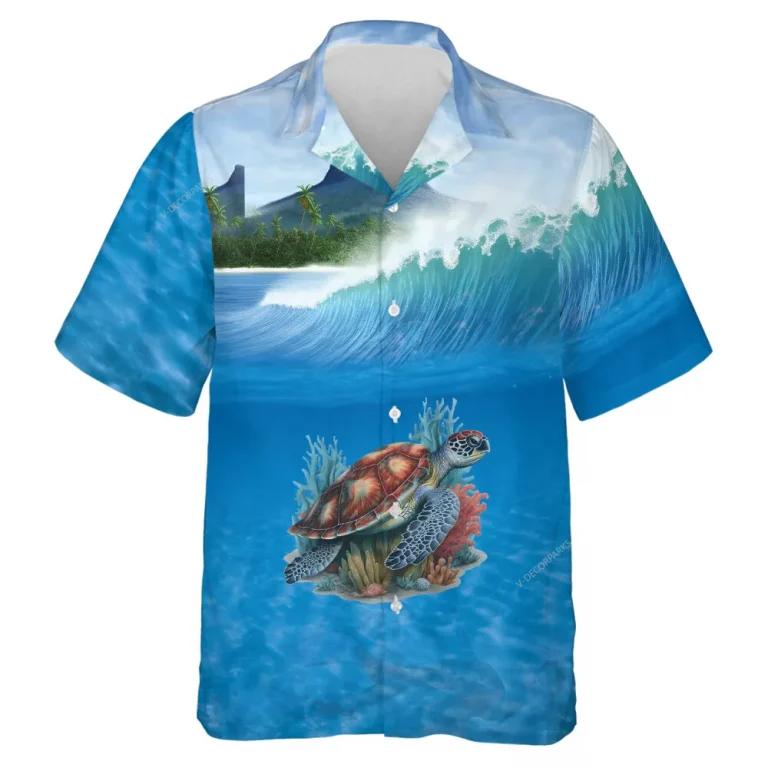Sea Turtle Hawaiian Shirts For Men Women, Beach Waves Tropical Summer Shirts, Ocean Turtle Aloha Shirts, Turtle Lovers Button Down Short Sleeve Shirts