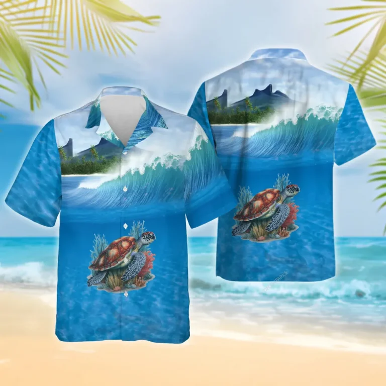Sea Turtle Hawaiian Shirts For Men Women, Beach Waves Tropical Summer Shirts, Ocean Turtle Aloha Shirts, Turtle Lovers Button Down Short Sleeve Shirts