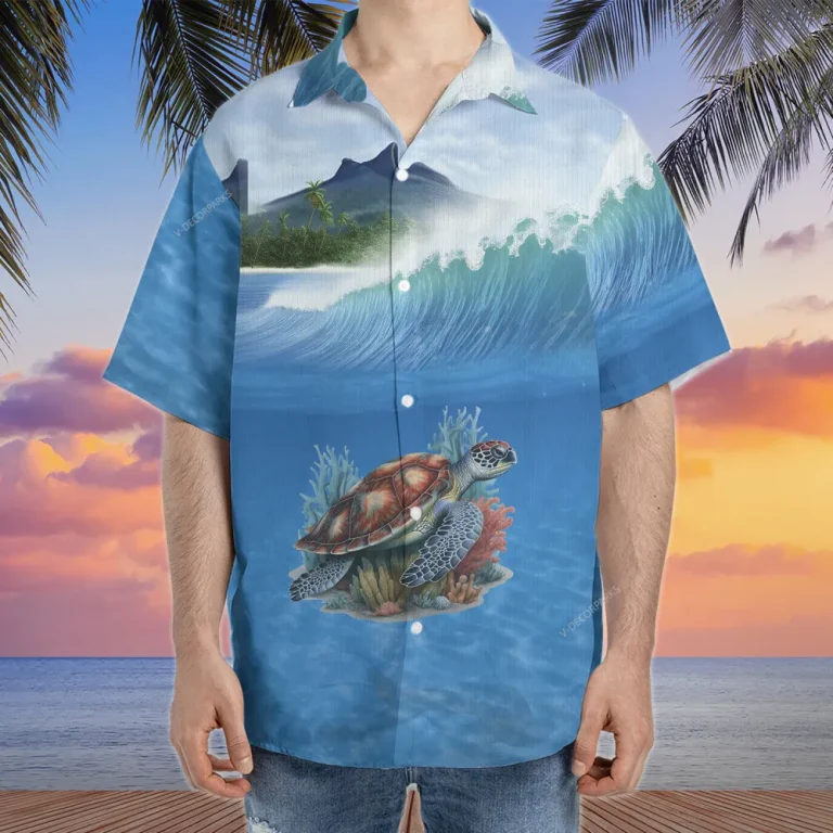 Sea Turtle Hawaiian Shirts For Men Women, Beach Waves Tropical Summer Shirts, Ocean Turtle Aloha Shirts, Turtle Lovers Button Down Short Sleeve Shirts