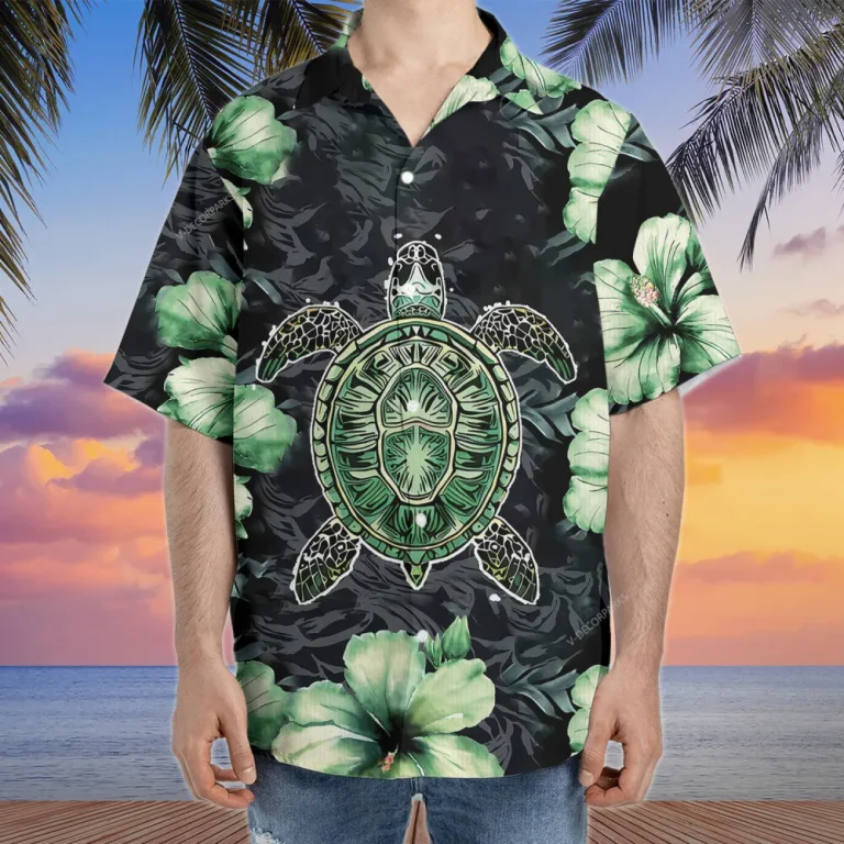 Polynesian Turtle Hawaiian Shirts For Men Women, Hibiscus Tropical Summer Shirts, Turtle Aloha Shirts, Turtle Lovers Button Down Short Sleeve Shirt