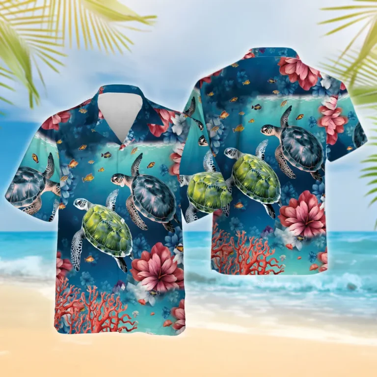 Turtle Couple Hawaiian Shirts For Men Women, Marine Life Tropical Summer Shirts, Sea Turtle Aloha Shirts, Turtle Lover Button Down Short Sleeve Shirts