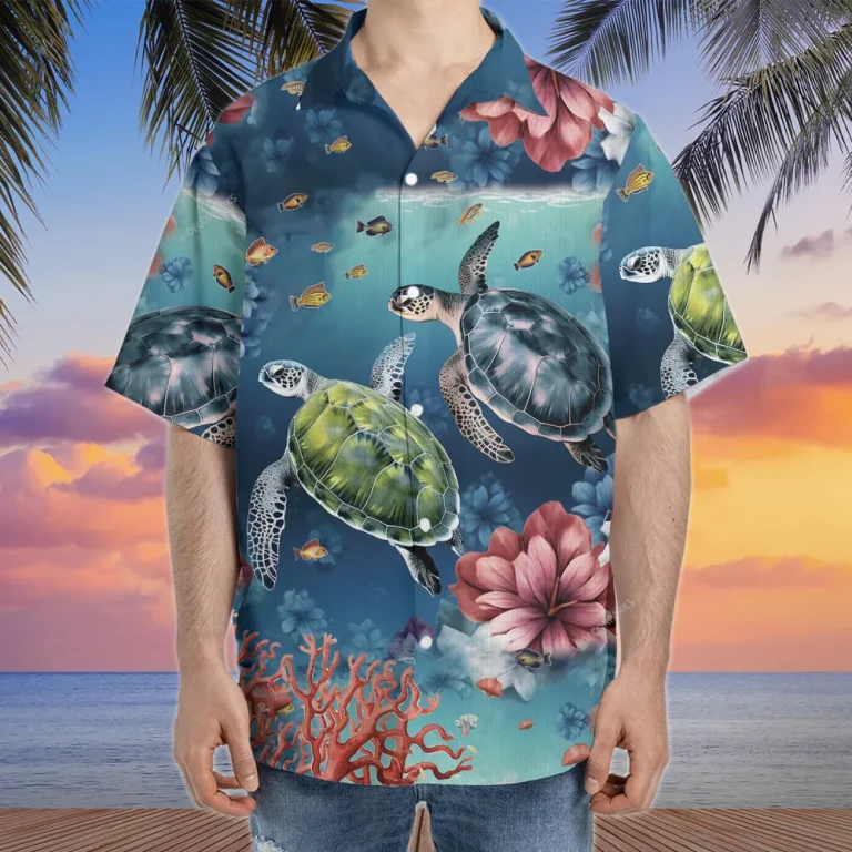 Turtle Couple Hawaiian Shirts For Men Women, Marine Life Tropical Summer Shirts, Sea Turtle Aloha Shirts, Turtle Lover Button Down Short Sleeve Shirts