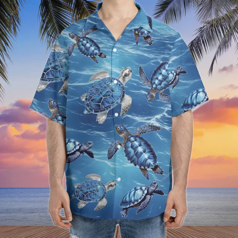 Sea Turtle Hawaiian Shirts For Men Women, Blue Ocean Tropical Summer Shirts, Sea Turtle Aloha Shirts, Turtle Lover Button Down Short Sleeve Shirts
