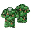 Green Beer Garden For Saint Patrick Holiday Unisex Hawaiian Shirts, Signature Four-leaf Clover Pattern Hawaiian Button Down Shirts, Casual Men's Wear