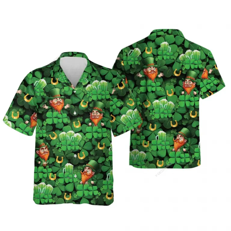 Green Beer Garden For Saint Patrick Holiday Unisex Hawaiian Shirts, Signature Four-leaf Clover Pattern Hawaiian Button Down Shirts, Casual Men's Wear