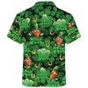 Green Beer Garden For Saint Patrick Holiday Unisex Hawaiian Shirts, Signature Four-leaf Clover Pattern Hawaiian Button Down Shirts, Casual Men's Wear