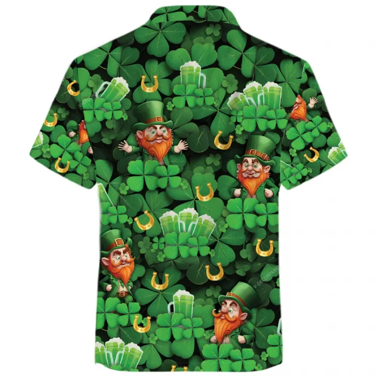 Green Beer Garden For Saint Patrick Holiday Unisex Hawaiian Shirts, Signature Four-leaf Clover Pattern Hawaiian Button Down Shirts, Casual Men's Wear