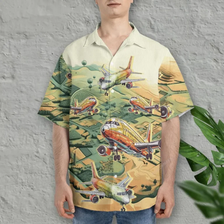 Airplane Hawaiian Shirt For Men Women, Colorful Plane Summer Beach Shirt, Airplane Button Down Short Sleeve Shirts, Tropical Summer Aloha Shirts