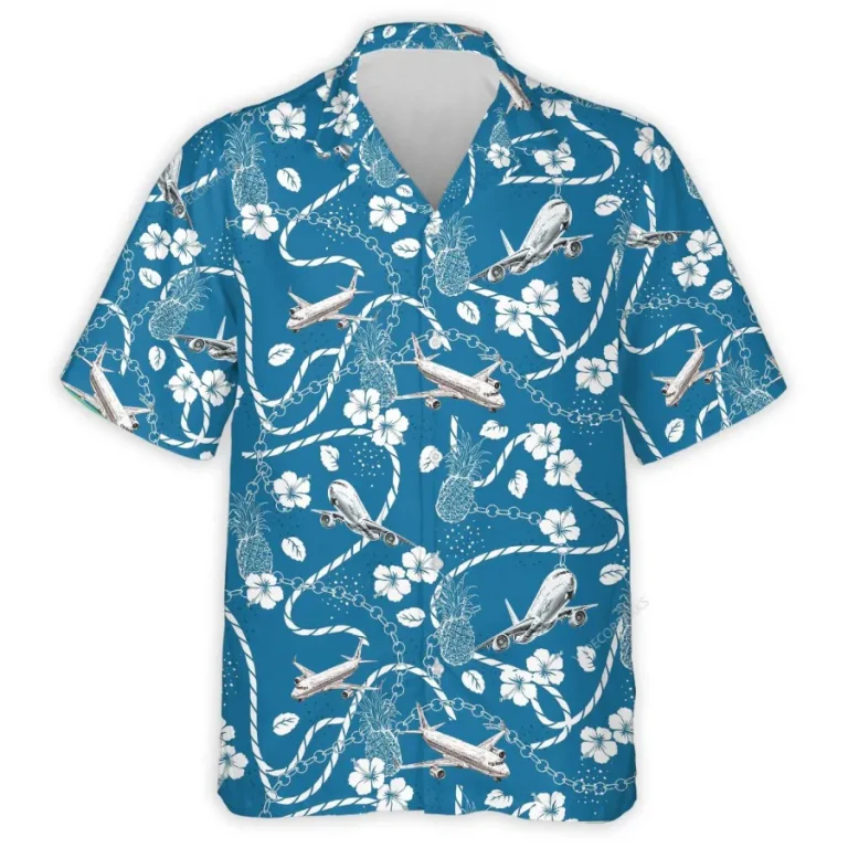 Airplane Hawaiian Shirt For Men Women, Aircraft Summer Beach Shirt, Airplane Button Down Short Sleeve Shirts, Tropical Hibiscus Summer Aloha Shirts