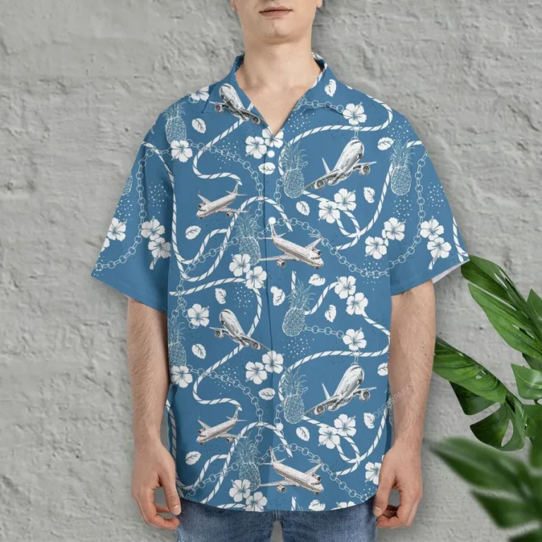 Airplane Hawaiian Shirt For Men Women, Aircraft Summer Beach Shirt, Airplane Button Down Short Sleeve Shirts, Tropical Hibiscus Summer Aloha Shirts