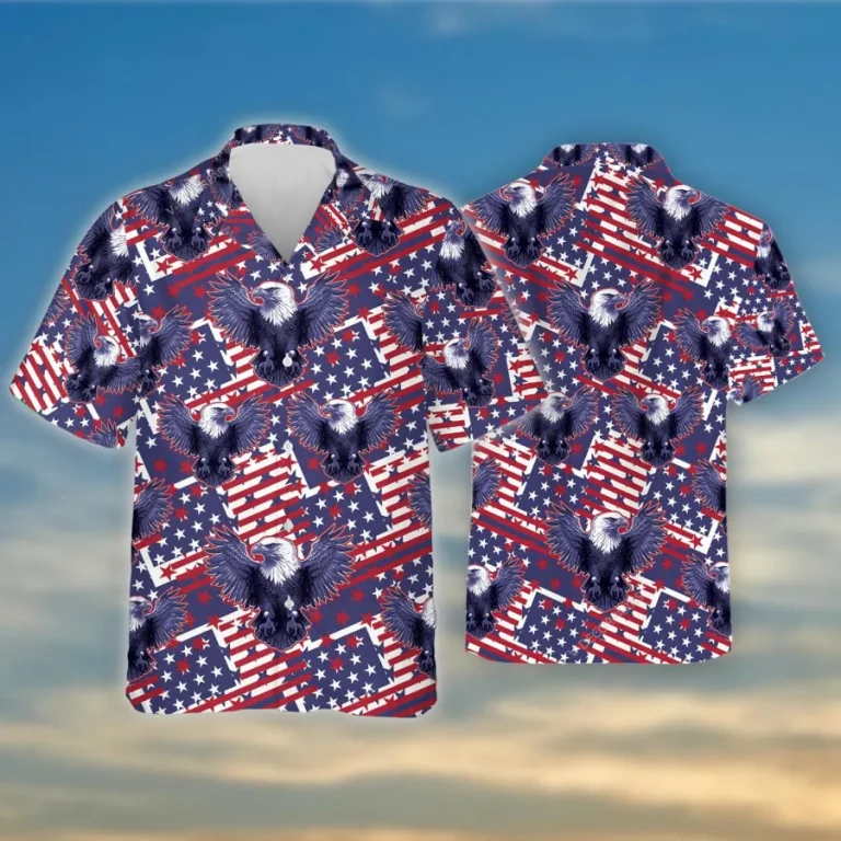 American Eagle Hawaiian Shirts For Men Women, American Flag Button Down Short Sleeve Shirt, Patriotic Aloha Shirt, 4th Of July Summer Beach Shirts