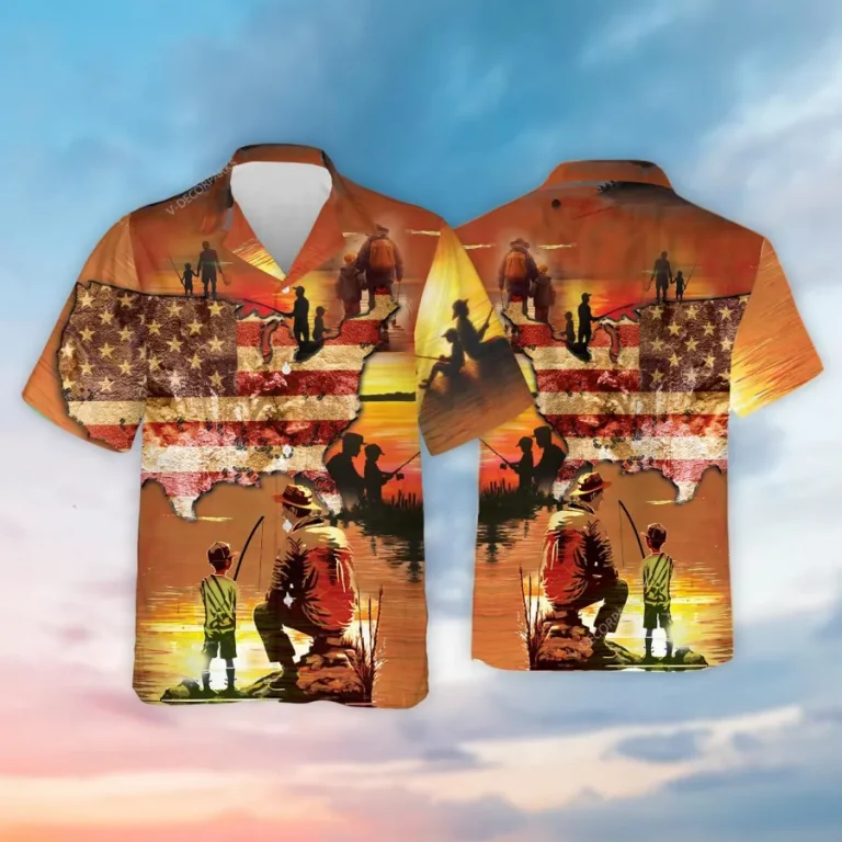 Dad And Son Hawaiian Shirts For Men Women, Patriotic Button Down Short Sleeve Shirt, Fishing Lovers Aloha Shirts, Summer Beach Shirts, Gift For Dad