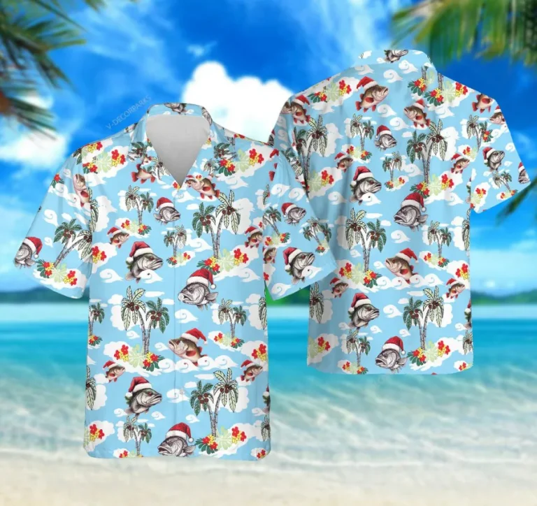 Christmas Fish Hawaiian Shirt For Men Women, Bass Fishing Summer Beach Shirt, Tropical Aloha Shirts, Fishing Lover Button Down Short Sleeve Shirt