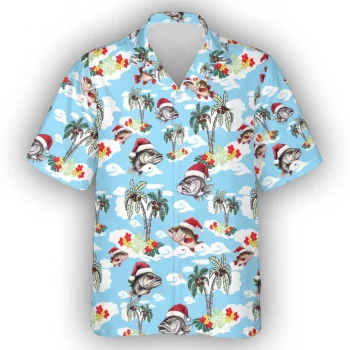 Christmas Fish Hawaiian Shirt For Men Women, Bass Fishing Summer Beach Shirt, Tropical Aloha Shirts, Fishing Lover Button Down Short Sleeve Shirt