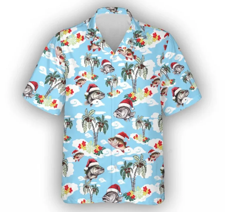 Christmas Fish Hawaiian Shirt For Men Women, Bass Fishing Summer Beach Shirt, Tropical Aloha Shirts, Fishing Lover Button Down Short Sleeve Shirt