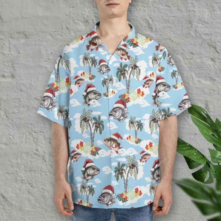 Christmas Fish Hawaiian Shirt For Men Women, Bass Fishing Summer Beach Shirt, Tropical Aloha Shirts, Fishing Lover Button Down Short Sleeve Shirt