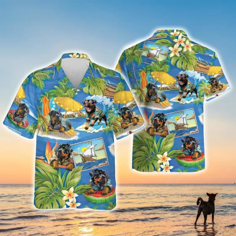 Funny Rottweiler Dog On The Beach Hawaiian Shirt, Rottweiler Tropical Beach Shirt, Hawaiian Aloha Shirt, Short Sleeve Button Down Hawaiian Shirt