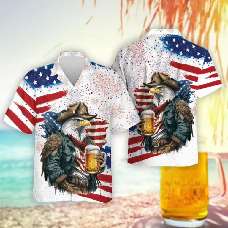 American Eagle Cowboy With Beer Hawaiian Shirts For Men Women, Patriotic Shirt, Independence Day Shirt, Eagle Summer Aloha Shirt, Button Down Shirt