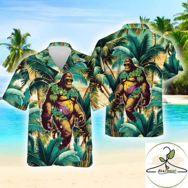Bigfoot Mens Hawaiian Shirts, Sasquatch Summer Shirt, Funny Bigfoot Animal Hawaiian Shirt, Bigfoot Casual Short Sleeve Button Down Beach Summer Shirts