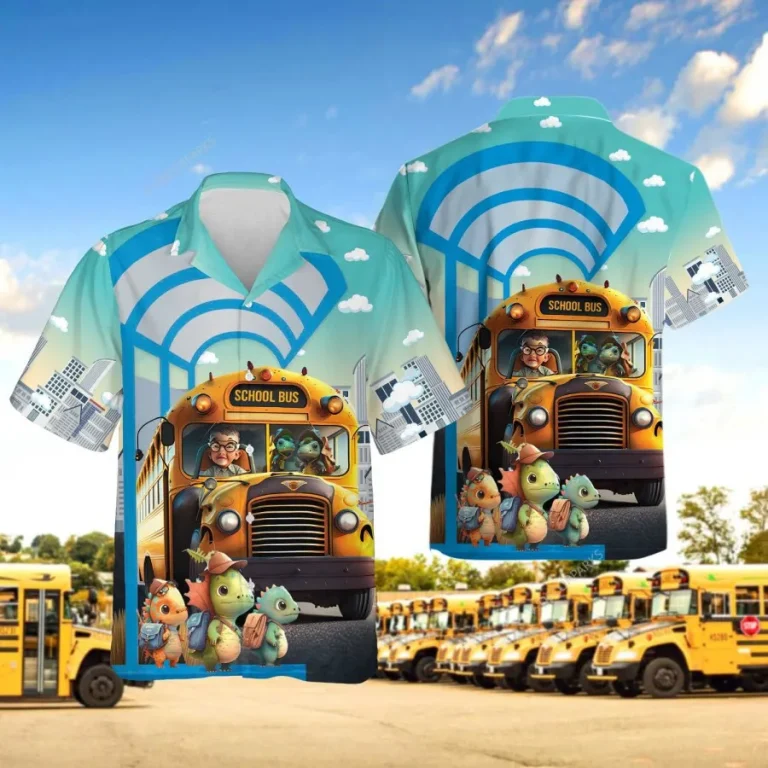 School Bus And Kindergarten Dinosaur Hawaiian Shirt, Bus Driver Aloha Shirt, Back To School Hawaiian Shirts, Casual Printed Beach Summer Shirt