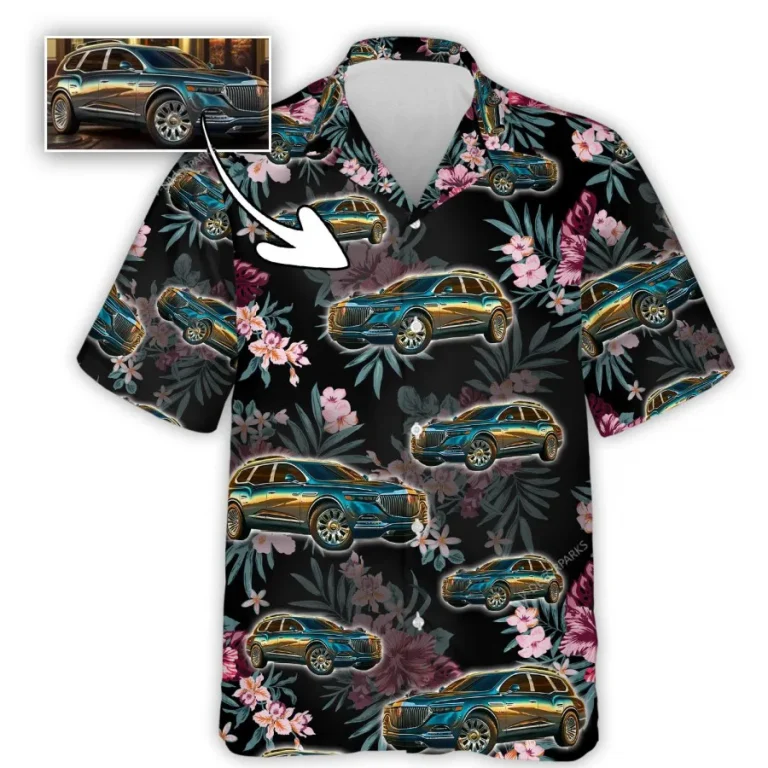 Personalized Photo Car Hawaiian Shirts For Men Women, Tropical Floral Summer Beach Shirts, Custom Aloha Shirt, Hawaiian Button Down Short Sleeve Shirt
