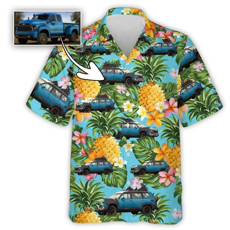 Personalized Photo Car Hawaiian Shirt For Men Women,tropical Pineapple Summer Beach Shirt, Custom Aloha Shirt, Hawaiian Button Down Short Sleeve Shirt