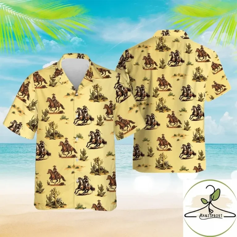 Horse Racing Men's Hawaiian Shirts, Western Desert Cowboy Hawaiian Shirt, Retro Cactus Casual Short Sleeve Button Down Hawaiian Shirts For Men Women