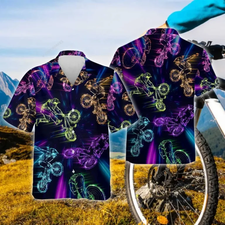 Neon Galaxy Bike Racing Hawaiian Shirts For Men, Bikers Short Sleeve Button Down Shirt, Casual Printed Beach Shirt, Hawaiian Style Shirt, Aloha Shirt