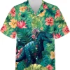 Hibiscus Dinosaur Tropical Pattern Hawaiian Shirts For Men, Tropical T-rex Summer Mens Hawaiian Shirts Short Sleeve, Summer Beach Shirt, Aloha Shirt