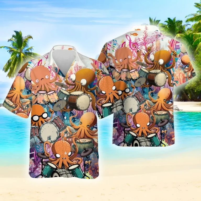 Octopus Playing Drums Hawaiian Shirts For Men Women, Drum Musical Instrument Summer Beach Shirts, Funny Octopus Short Sleeve Button Down Aloha Shirts