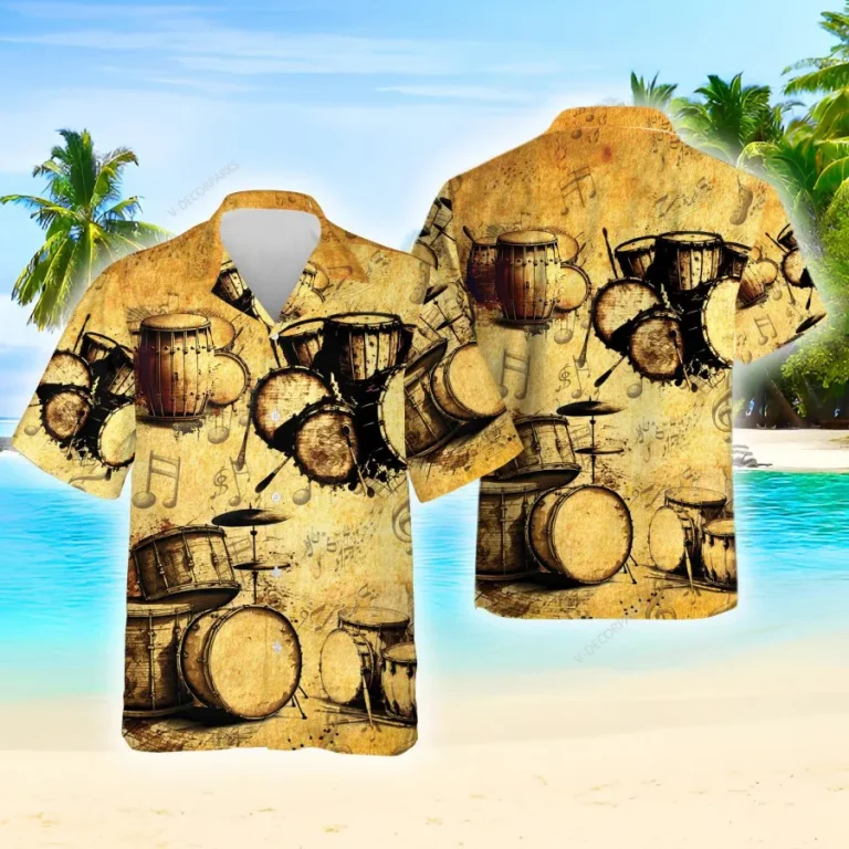 Vintage Drums Hawaiian Shirts For Men Women, Vintage Summer Beach Shirt, Musical Instrument Aloha Shirts, Drums Lovers Button Down Short Sleeve Shirts