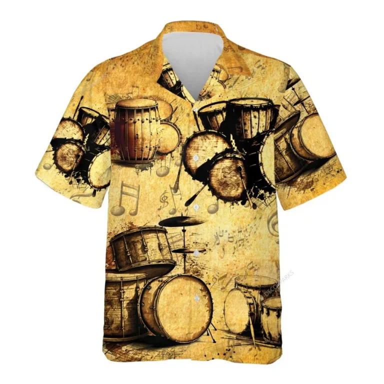 Vintage Drums Hawaiian Shirts For Men Women, Vintage Summer Beach Shirt, Musical Instrument Aloha Shirts, Drums Lovers Button Down Short Sleeve Shirts