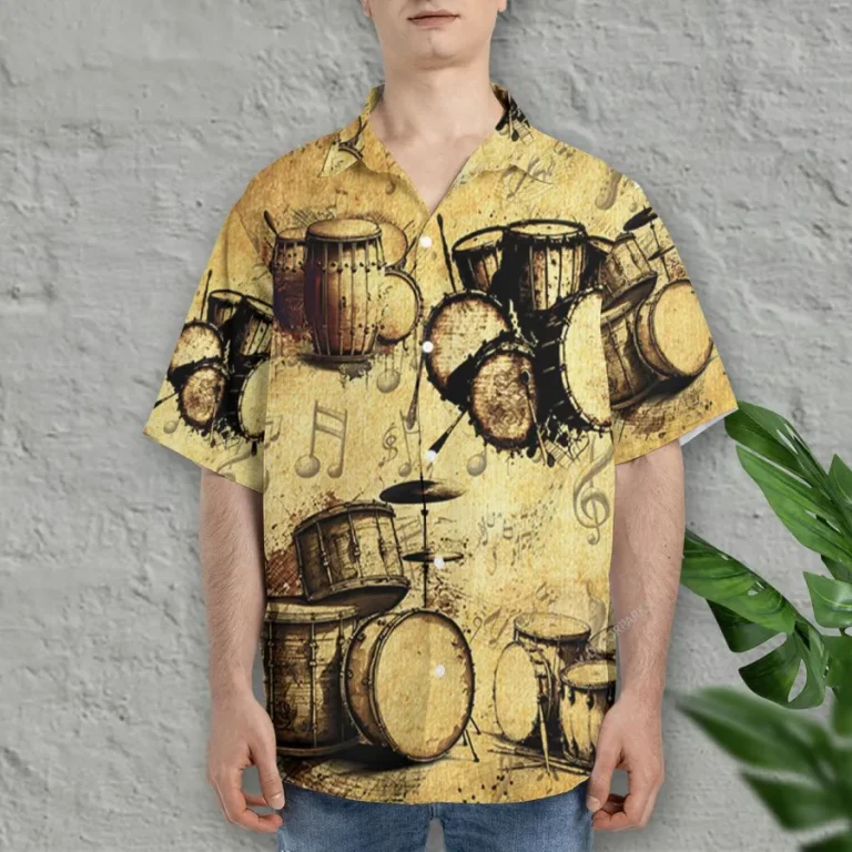 Vintage Drums Hawaiian Shirts For Men Women, Vintage Summer Beach Shirt, Musical Instrument Aloha Shirts, Drums Lovers Button Down Short Sleeve Shirts