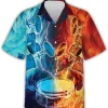 Fire Water Thunder Drum Hawaiian Shirt For Men Women, Drummer Short Sleeve Button Down Hawaiian Shirts, Summer Beach Shirt, Hawaiian Aloha Shirt