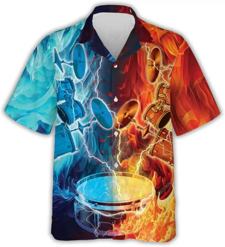 Fire Water Thunder Drum Hawaiian Shirt For Men Women, Drummer Short Sleeve Button Down Hawaiian Shirts, Summer Beach Shirt, Hawaiian Aloha Shirt