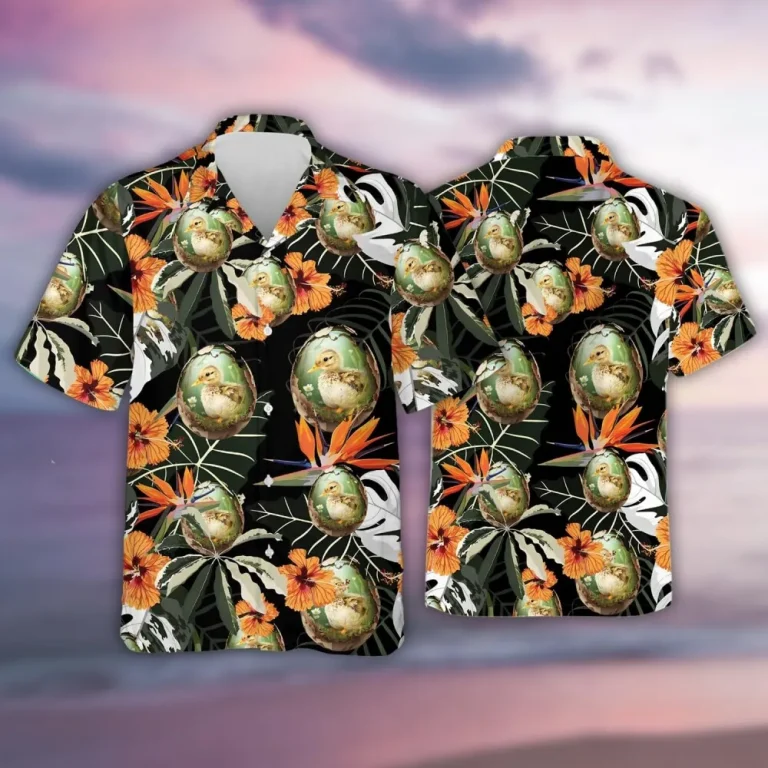 Cute Duck Hawaiian Shirt For Men, Funny Animals Casual Short Sleeve Button Down Shirts, Tropical Hibiscus Pattern Summer Shirts, Gift For Duck Lovers