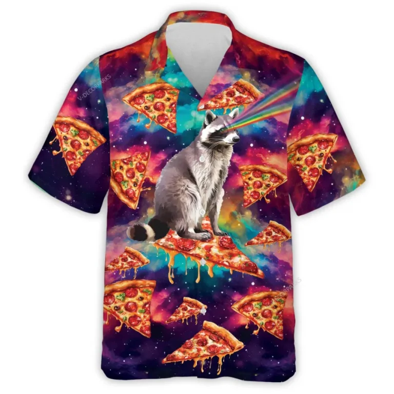 Pizza Hawaiian Shirt For Men Women, Fast Food Hawaiian Style Summer Beach Shirts, Fast Food Aloha Shirts, Funny Raccoon Button Down Short Sleeve Shirt