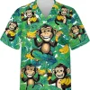 Funny Monkey With Banana Tropical Summer Men's Hawaiian Shirts, Monkey Tropical Beach Shirt, Short Sleeve Button Down Hawaiian Shirt, Aloha Shirt